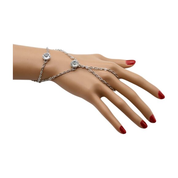 New Women Silver Metal Hand Chain Fashion Bracelet Connected Ring 2 Bling Beads - Picture 12 of 17